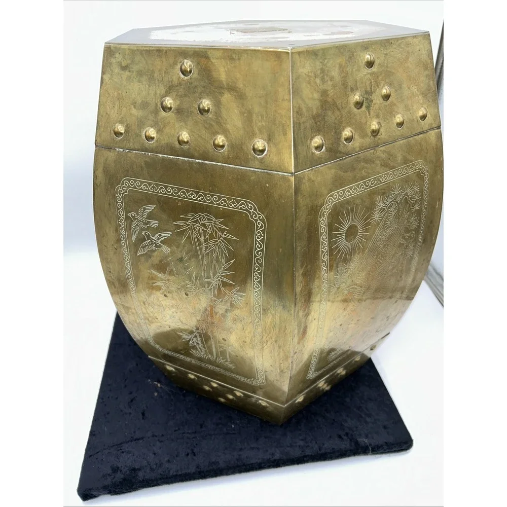 Vintage Brass Chinese Garden Stool Seat, Mid-Century Hollywood Regency Look